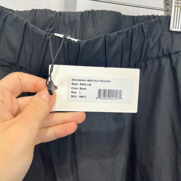 NWT SEA New York Maeve Eyelet Track Pants Pull On Wide Leg Cotton Poplin Black L - Picture 8 of 11